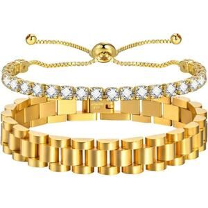 2pcs 18K Gold Plated Chain Link Bracelet, Stainless Steel Crystal